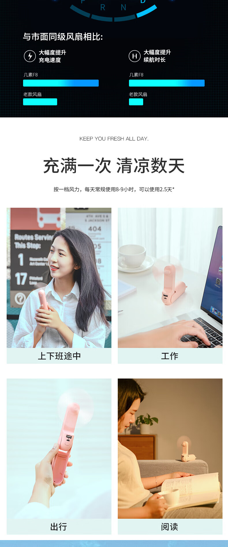 几素手持迷你小型usb电风扇台式桌面充电便携式随身手拿学生宿舍可爱办公室轻音电扇 F8X小白熊