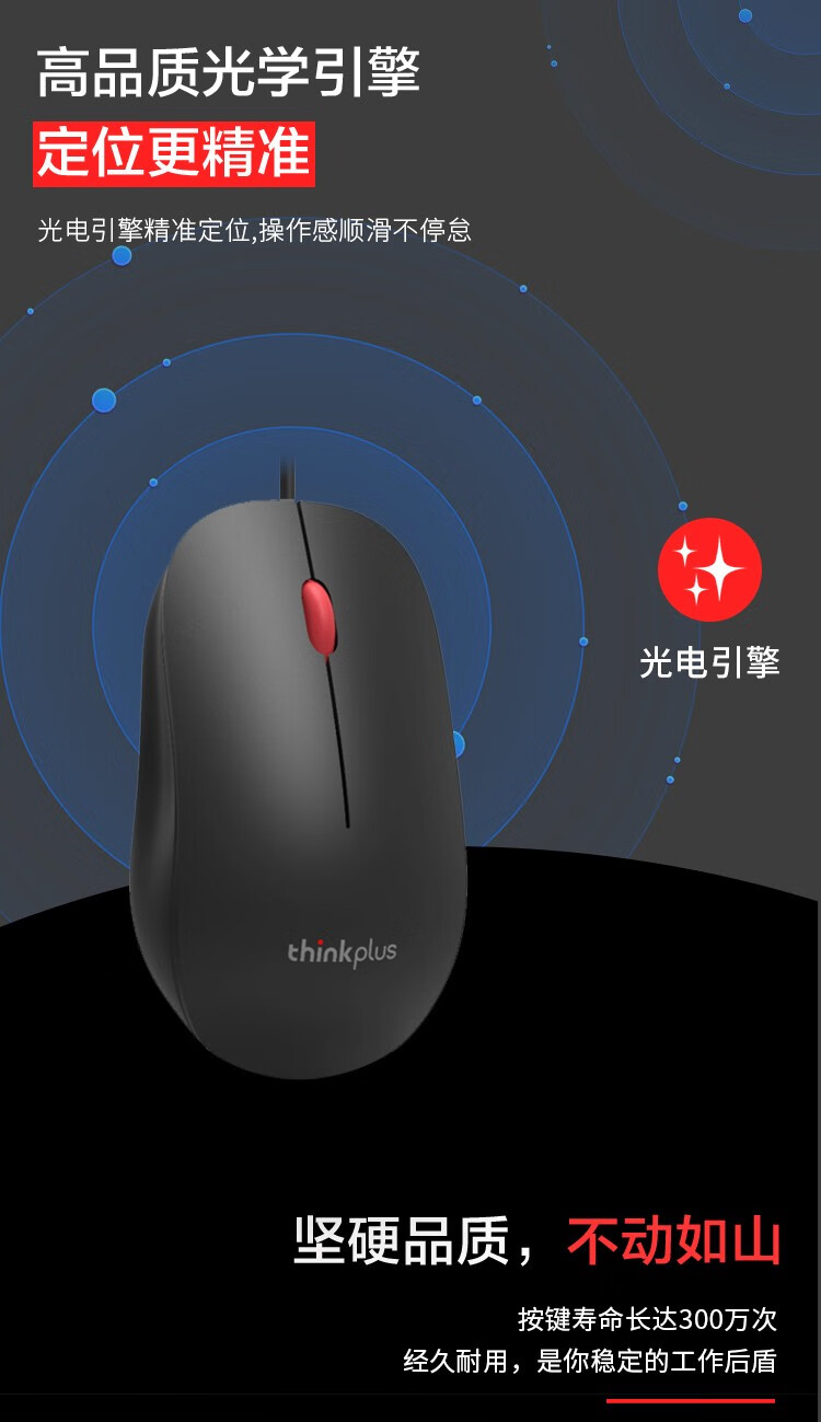 联想（Lenovo）Think 有线蓝光鼠标 小巧便携 商务办公鼠标 笔记本台式机适用 魅力红 0B47152