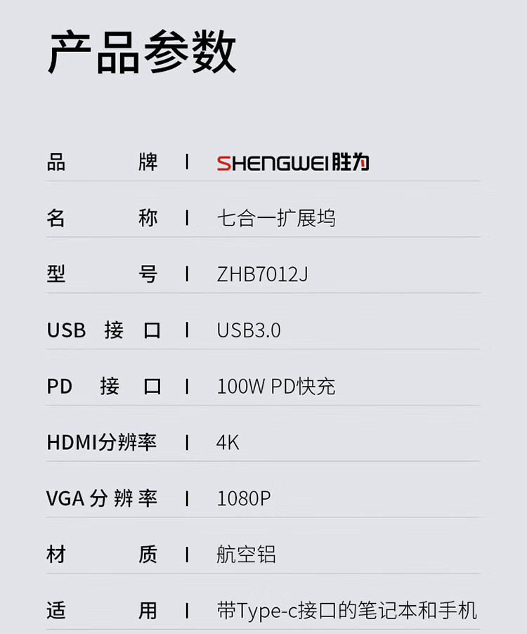 胜为（shengwei）七合一 USB-C转HDMI/VGA转接头投屏苹果华为Macbook电脑转换器千兆网口ZHB7012J