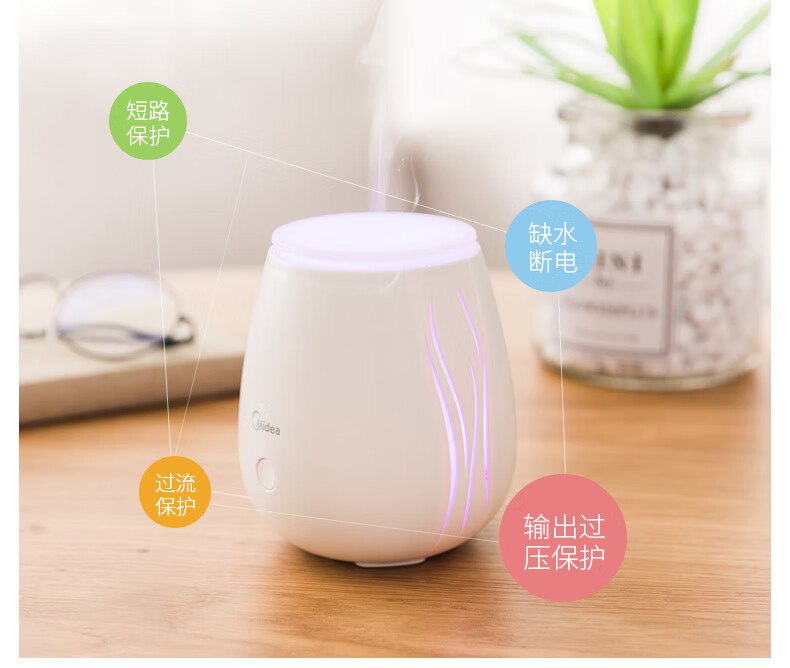 Midea 香薰机 办公室桌面小型香薰加湿器七彩灯光卧室床头 白色 40ml