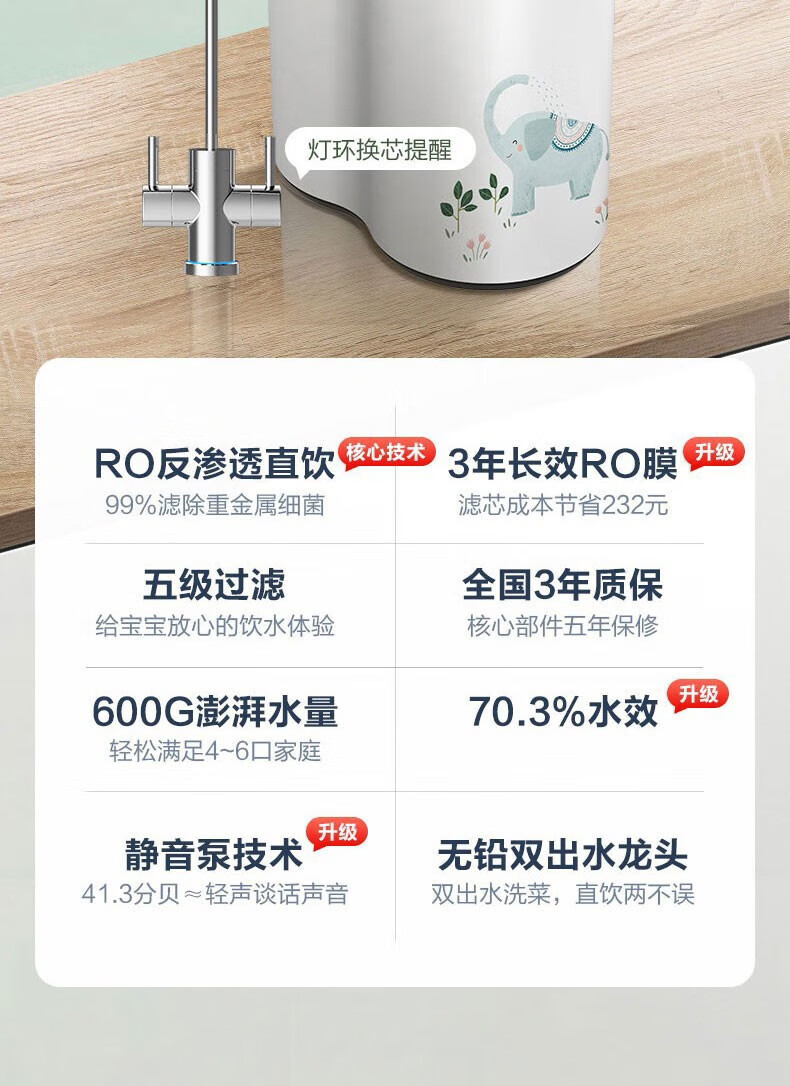 Midea 美的净水器家用厨下600G大通量3年长效RO滤芯双出水龙头直饮净水机MRC1882A-600G大象 净水器600G
