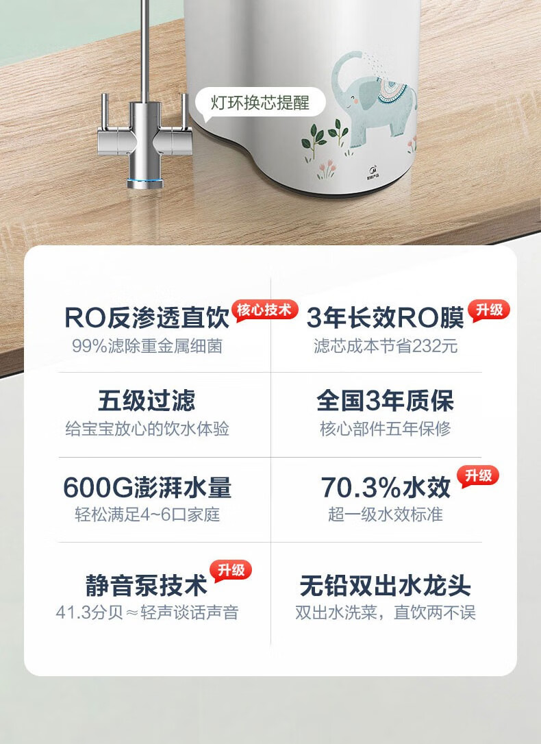 Midea 美的净水器家用厨下R0反渗透饮水净水机直饮机3年长效RO膜过滤器 小象400G鲜活水