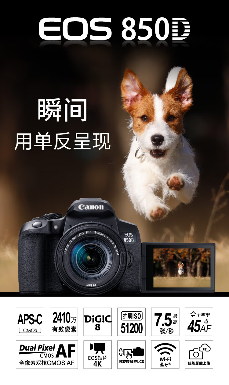 佳能（Canon）EOS 850D数码单反相机 4K高清拍摄旅游 vlog入门照相机 850D（单机) 官方标配