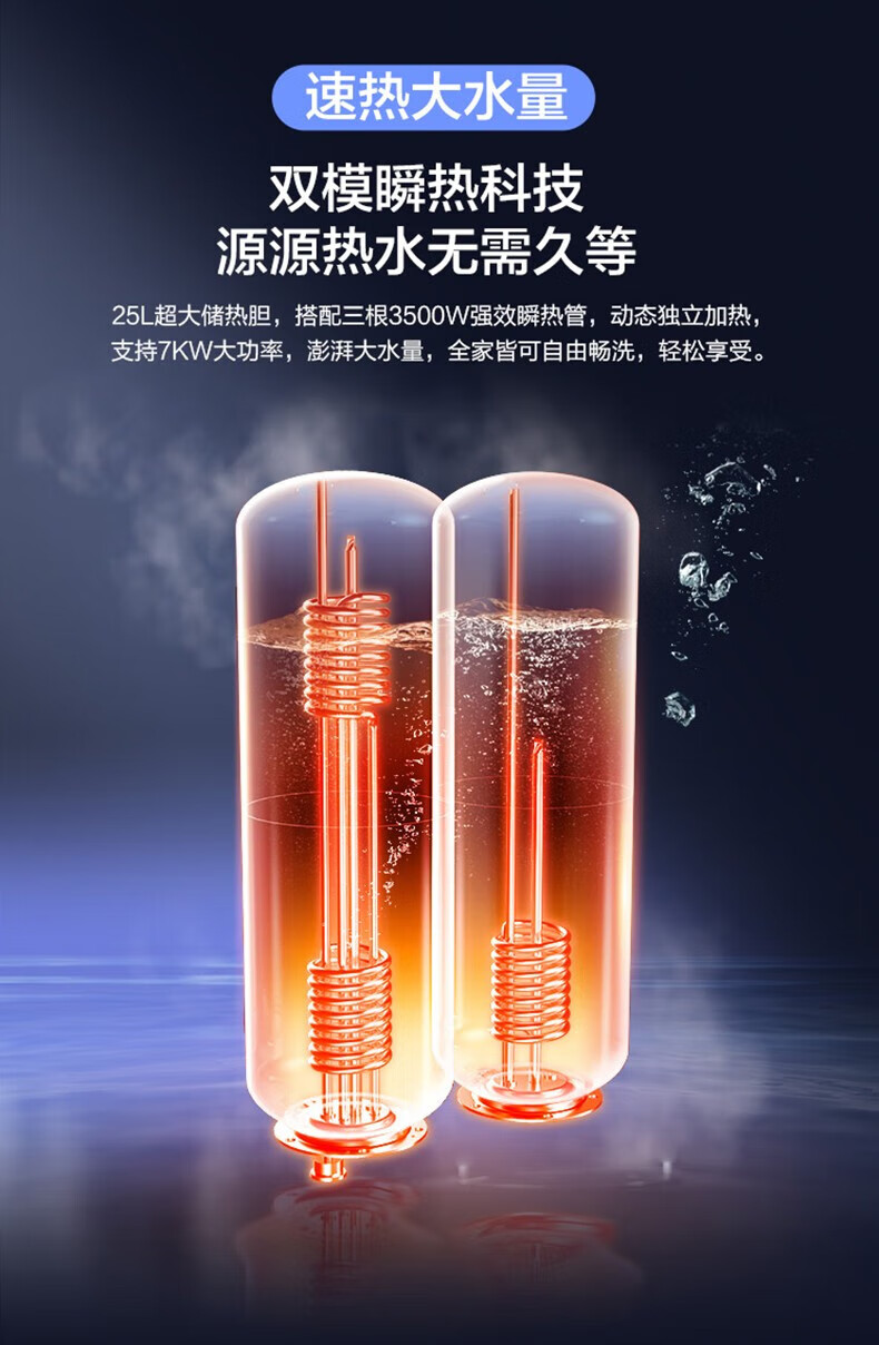 海尔（Haier）电热水器超薄即热家用7KW速热双胆扁桶超薄小尺寸一级节能省电恒温 ES226V-DMB3U1-幻影蓝