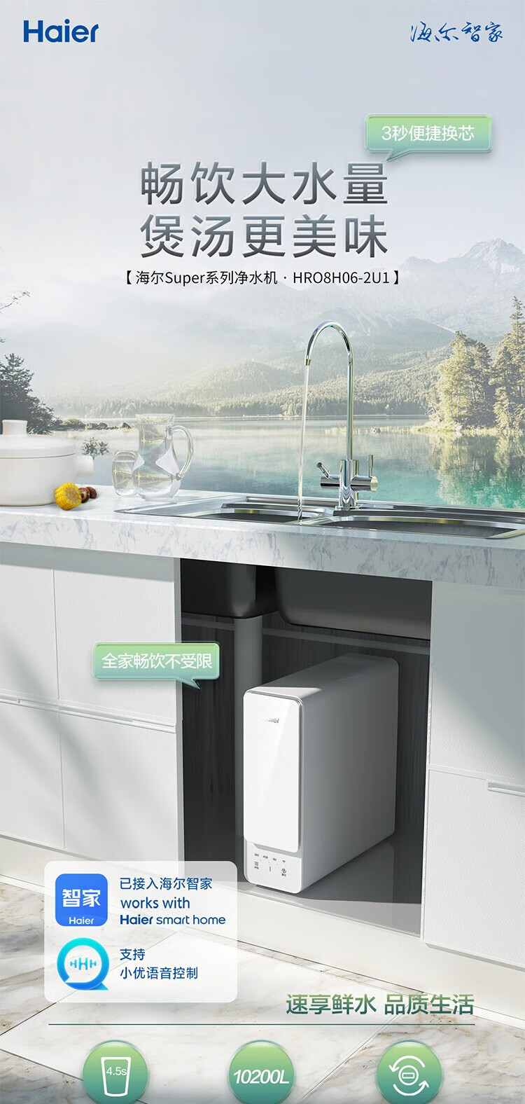 海尔（Haier）HR10H06-2U1 厨下式RO反渗透直饮机 1000G 白色 （单位：台）HLZR400A-2L