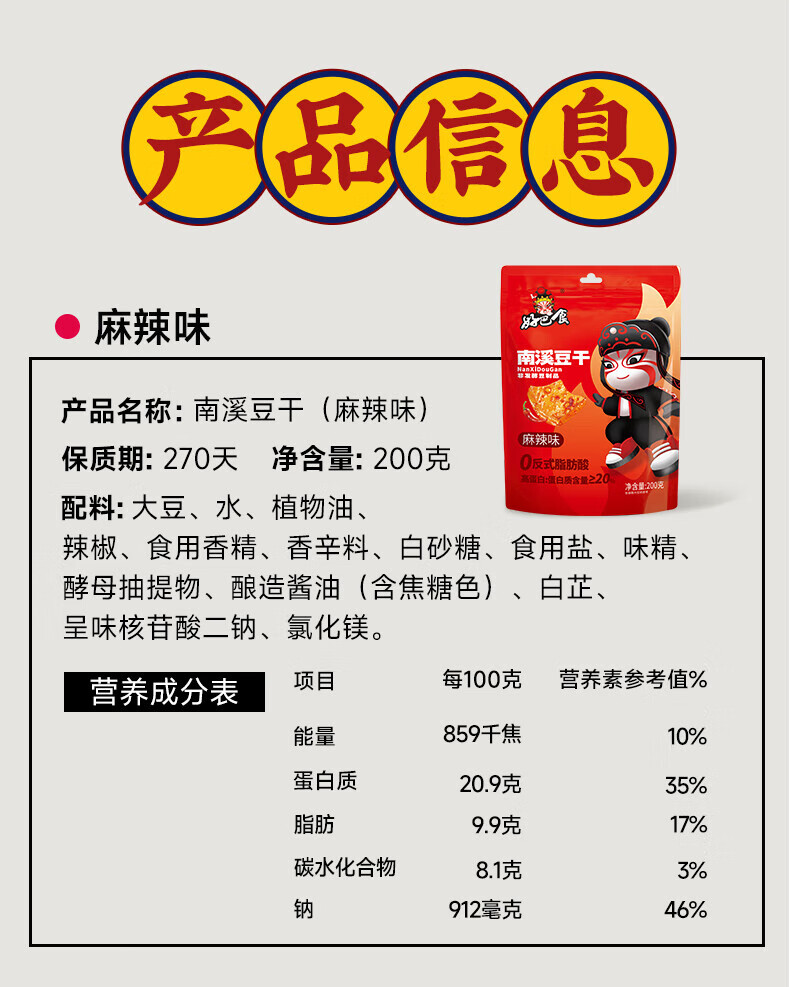 好巴食 休闲零食 办公室小吃 南溪豆干 麻辣味 200g*2袋