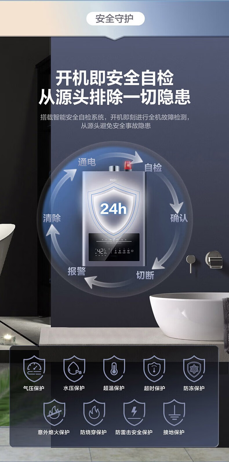 海尔（Haier）燃气热水器零冷水18升一厨两卫 智能变升 家用恒温强排式天然气MAX 双增压零冷水JSQ34-18MAXBDU1