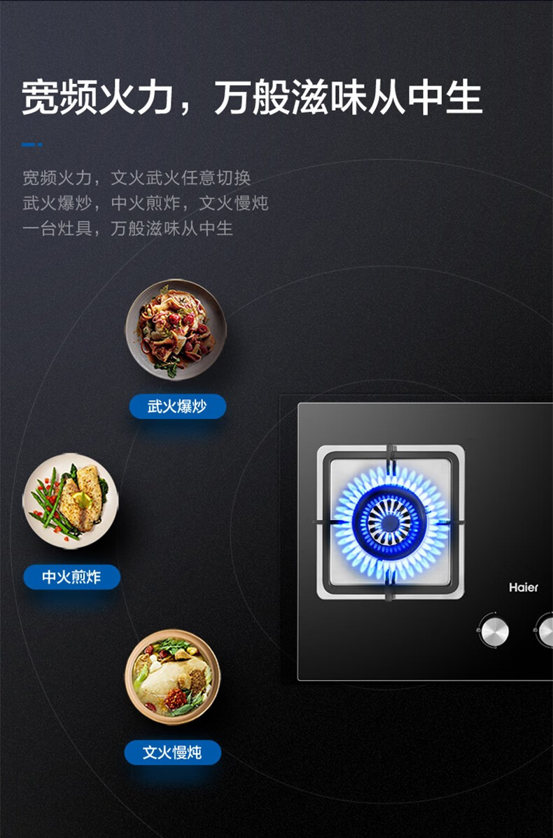 海尔（Haier）燃气灶天然气 5.2KW大火力 180分钟双边定时 双灶嵌入式猛火灶防波玻璃一级 JZT-Q2BE51(12T)