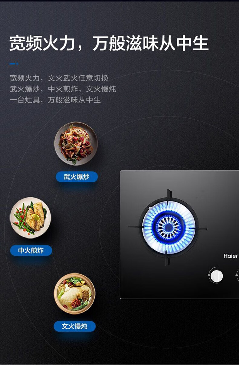 海尔（Haier）燃气灶天然气 5.2KW大火力家用台嵌两用一级能效 一点瞬燃 防爆面板气电隔离JZT-Q2BE50(12T)