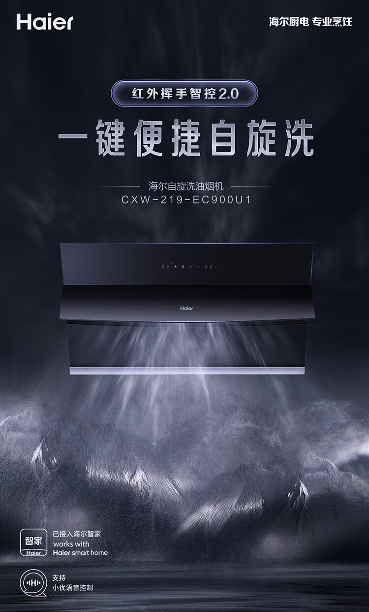 海尔（Haier）抽油烟机家用侧吸式吸油烟机 20m?/min大吸力 挥手控制 高频自旋洗CXW-219-EC900U1
