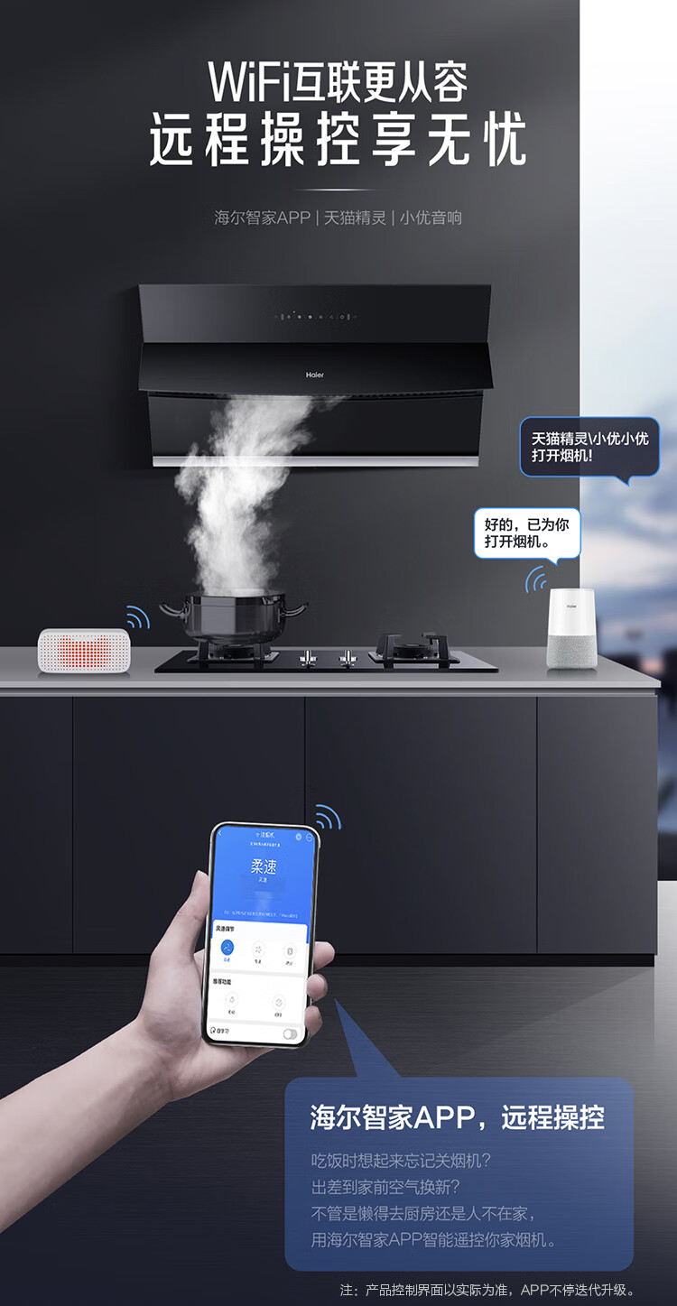 海尔（Haier）抽油烟机家用侧吸式吸油烟机 20m?/min大吸力 挥手控制 高频自旋洗CXW-219-EC900U1
