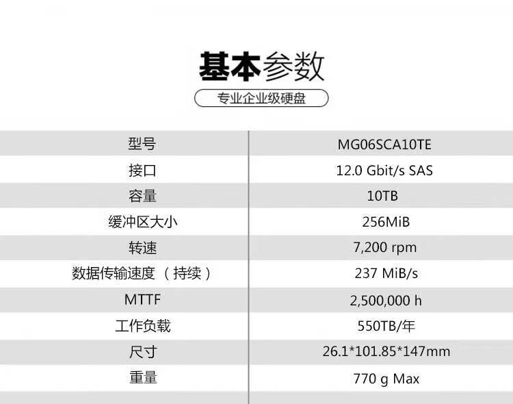 东芝（TOSHIBA）10TB 7200转 256M SAS 企业级硬盘(MG06SCA10TE)