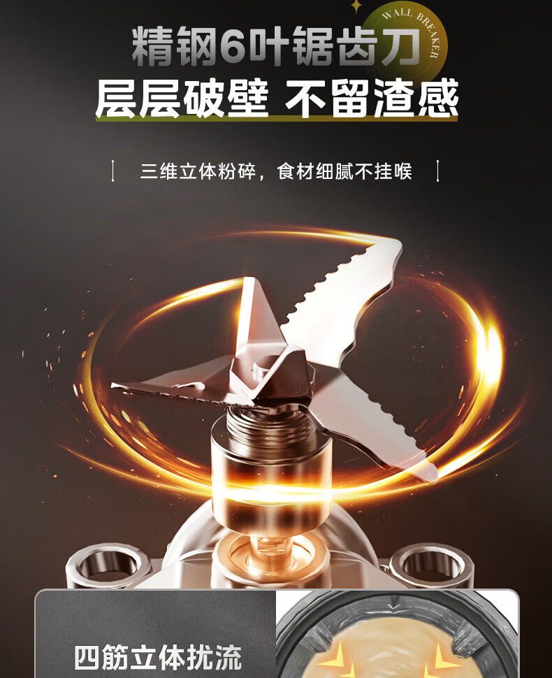 Midea高硼硅玻璃六页破壁机料理机加热大功率豆浆研磨杯果汁双杯1000W烧汤奶昔BL1076 黑色