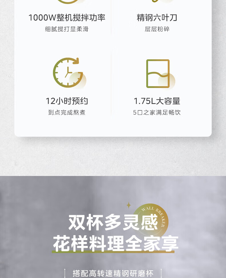 Midea高硼硅玻璃六页破壁机料理机加热大功率豆浆研磨杯果汁双杯1000W烧汤奶昔BL1076 黑色