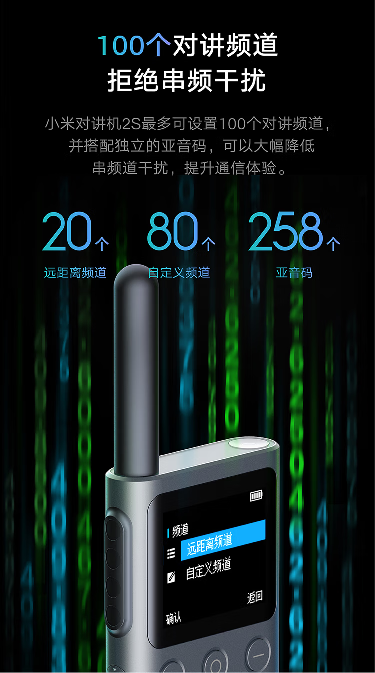 小米对讲机2S 全新升级版 轻薄机身 支持蓝牙耳机 超长待机 户外酒店自驾游民用手台彩色屏幕 深空灰
