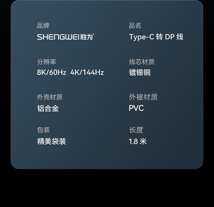 胜为（shengwei）Type-C转DP转接线1.4版8K 4K144Hz 2K165Hz高清转换线 雷电3转DP转换线1.8米 ACD0018J
