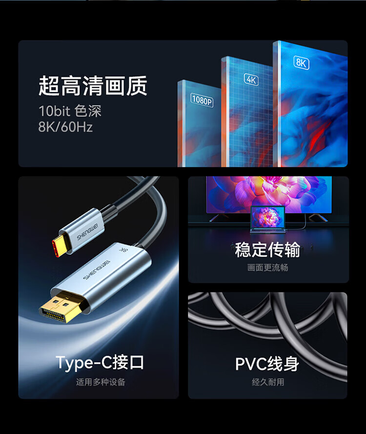 胜为（shengwei）Type-C转DP转接线1.4版8K 4K144Hz 2K165Hz高清转换线 雷电3转DP转换线1.8米 ACD0018J