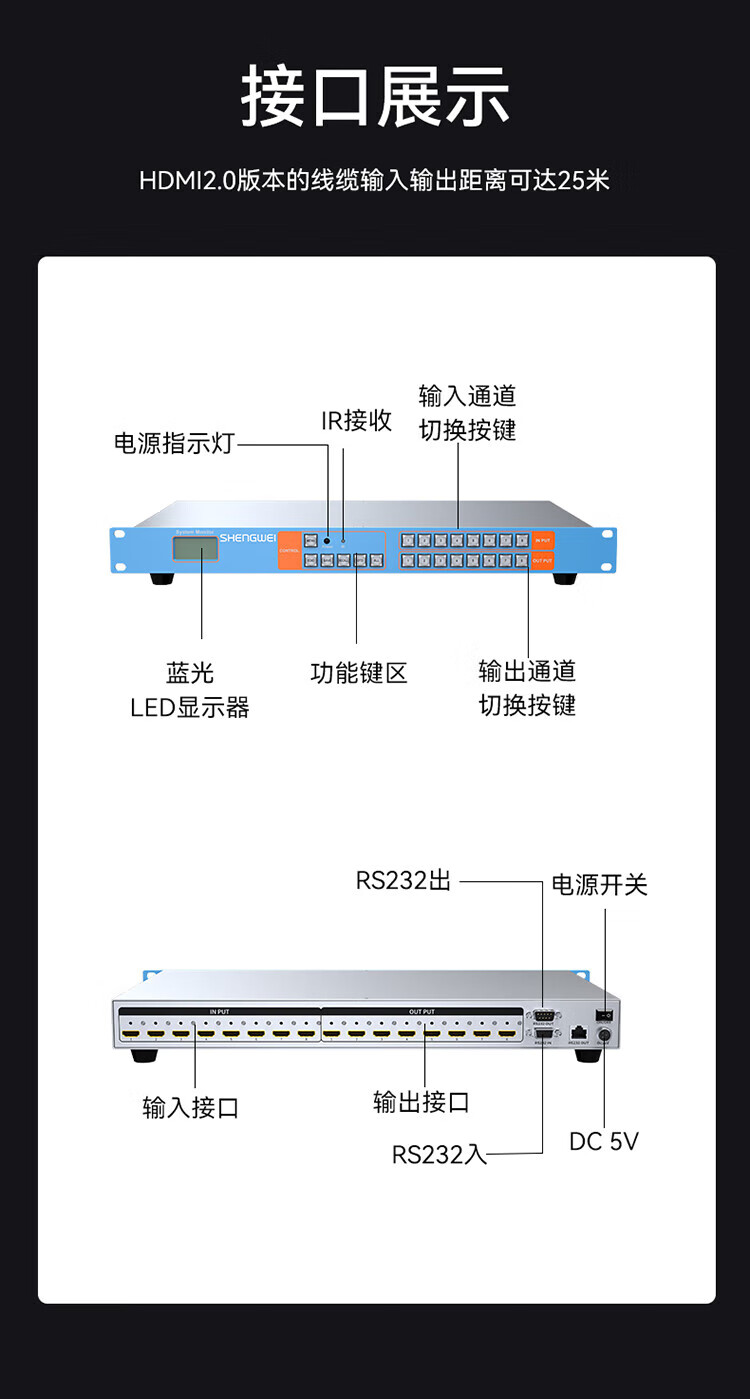 胜为（shengwei）HDMI矩阵切换器8进8出 4K/30Hz高清音视频同步会议矩阵拼接屏控制器DHD0808K