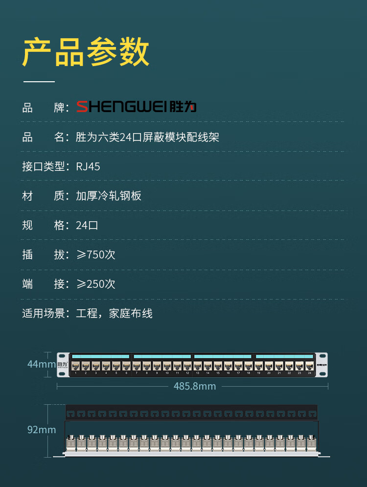 胜为（shengwei）六类24口配线架 CAT6类工程级屏蔽模块1U机架式机柜工程网络跳线理线槽WNDF624G