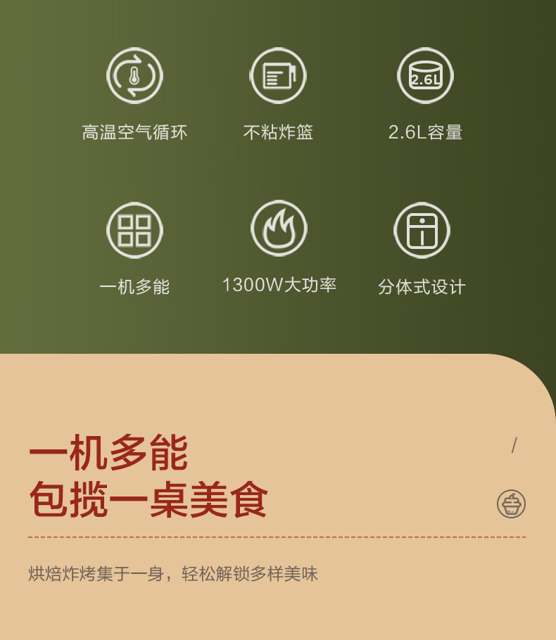 美的（Midea）空气炸锅 2.6L 容量 小巧 家用多功能 烘焙 不粘 低油轻脂 空气烤箱电炸锅KZ26E101
