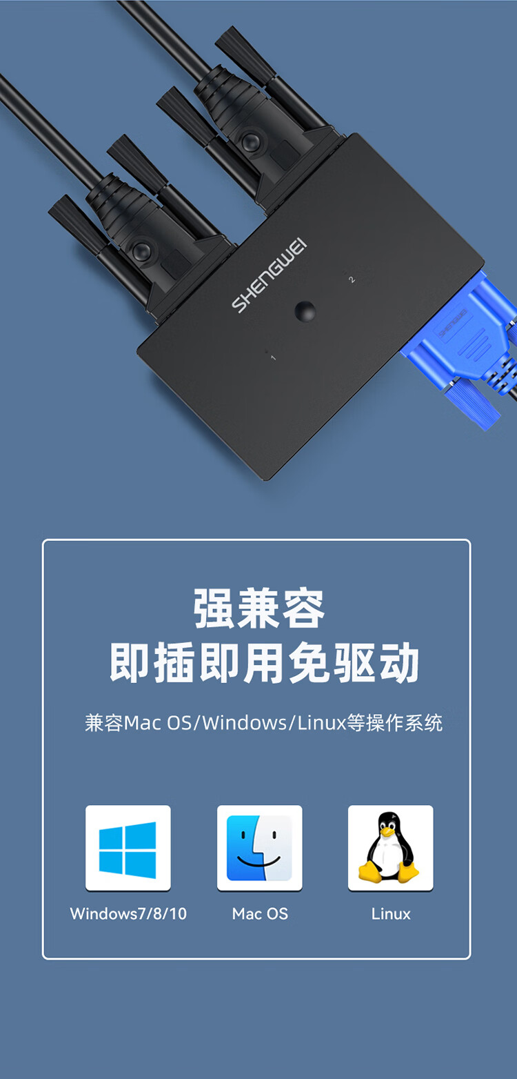 胜为（shengwei）KVM 切换器2进1出VGA切屏器配线 二进一出2口显示器键鼠USB打印机共享器 DVK3201K