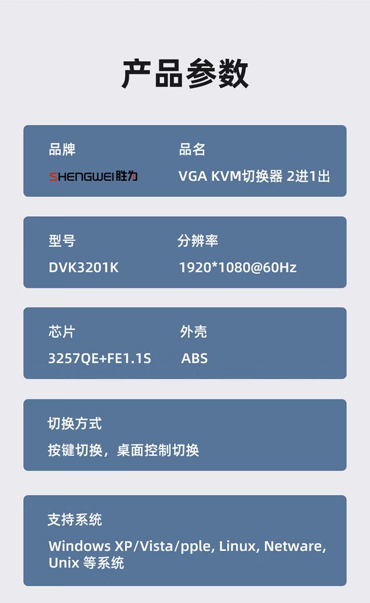 胜为（shengwei）KVM 切换器2进1出VGA切屏器配线 二进一出2口显示器键鼠USB打印机共享器 DVK3201K