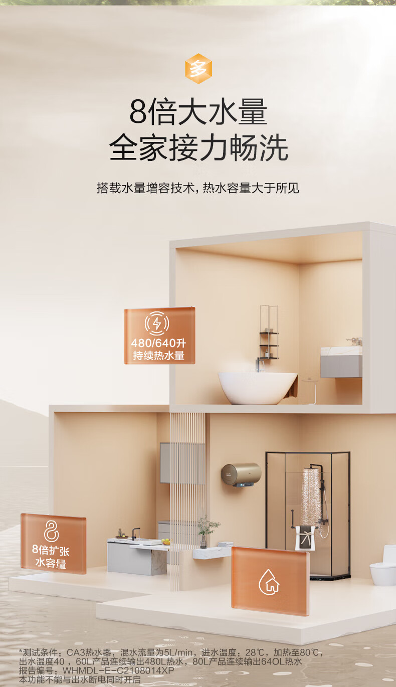 Midea颐享CA3系列电热水器家用出水断电3200W变频速热父母专属智能家电 60升 F6032-CA3(HEY)摩卡金