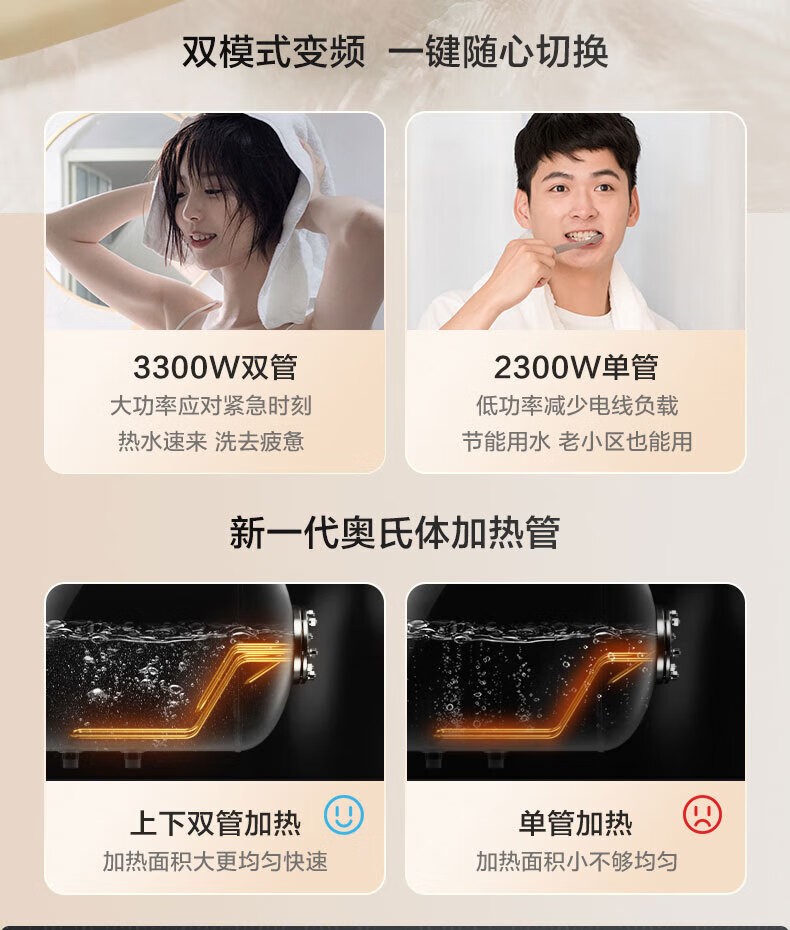 Midea颐享CA3系列电热水器家用出水断电3200W变频速热父母专属智能家电 60升 F6032-CA3(HEY)摩卡金