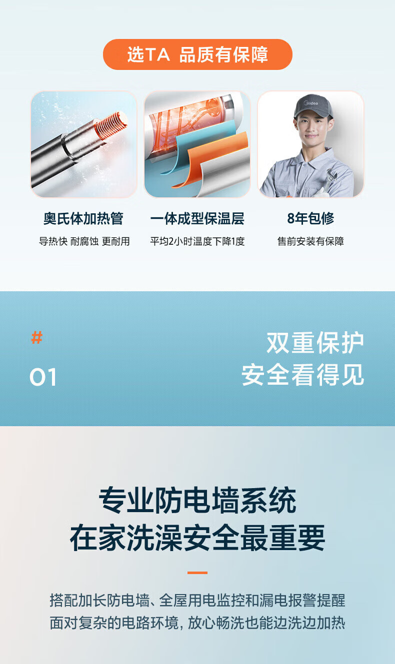 Midea电热水器家用储水式2200W速热 一级能效长效保温防电墙WiFi智能【60升-MC5】F6022-MC5(HE)极地白
