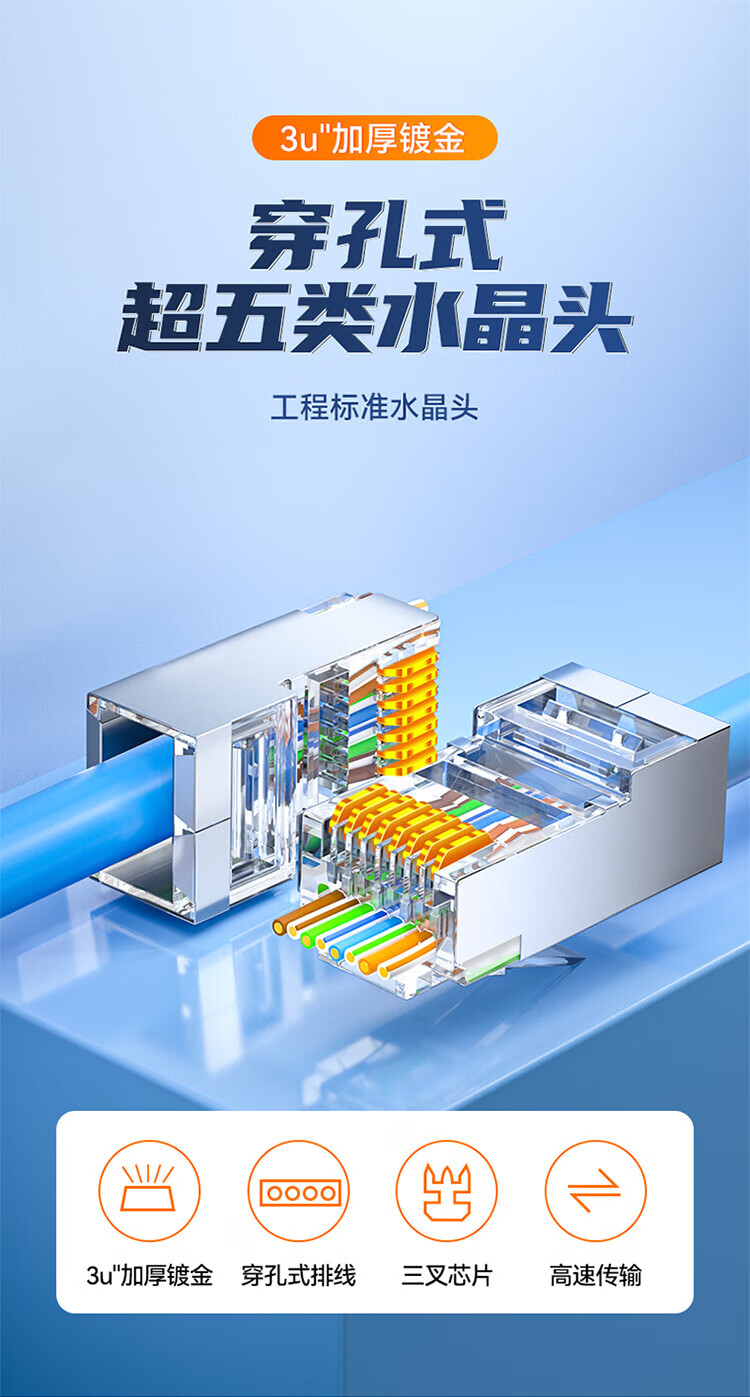 SAMZHE 山泽超五类穿孔式网线水晶头Cat5e类屏蔽RJ45网络接头通孔8P8C镀金10个装PCKT510