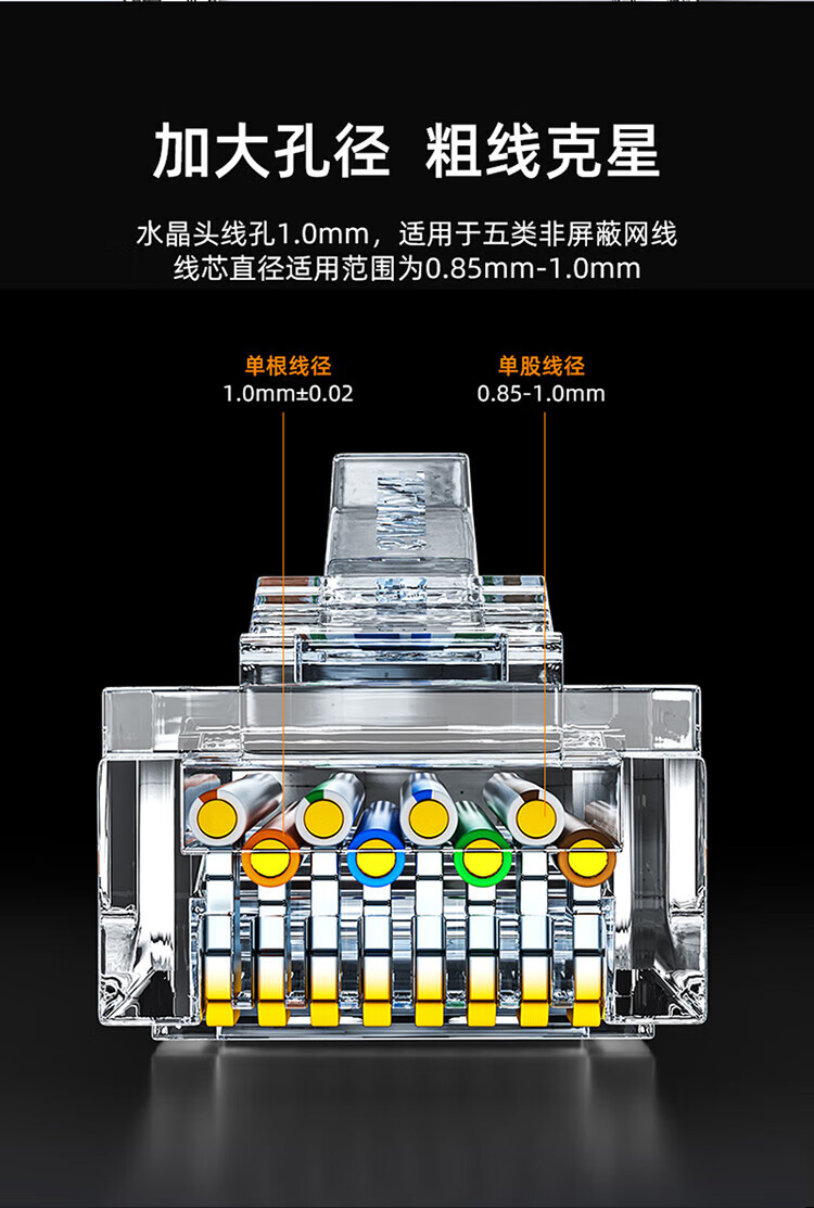 SAMZHE 山泽七类万兆铜壳屏蔽两件式CAT7水晶头FTP万兆网络RJ45头带尾夹1.3MM线孔100个装WL-7100