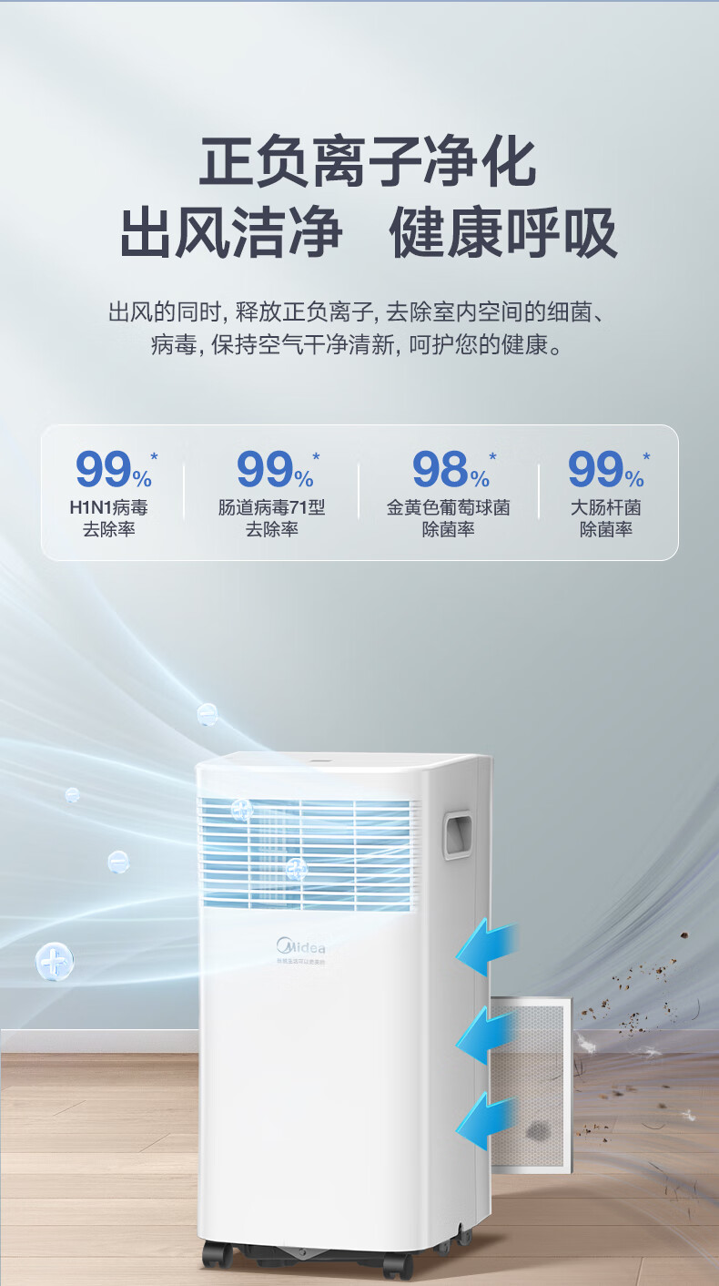 Midea移动空调 家用一体机移动空调 免安装便捷立式空调 移动空调免排水小1匹单冷杀菌款 KY-20/N7Y-PHA