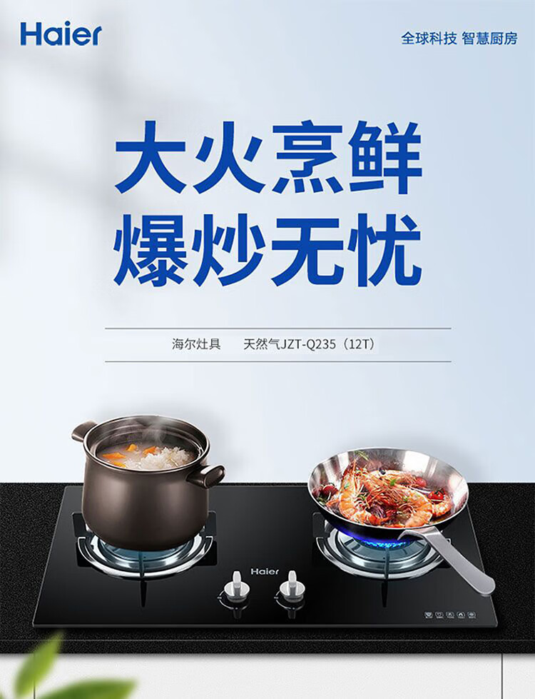 海尔（Haier）家用燃气灶 钢化玻璃黑晶面板 台嵌两用圆灶天然气灶 【4.2KW天然气】JZT-Q235(12T)