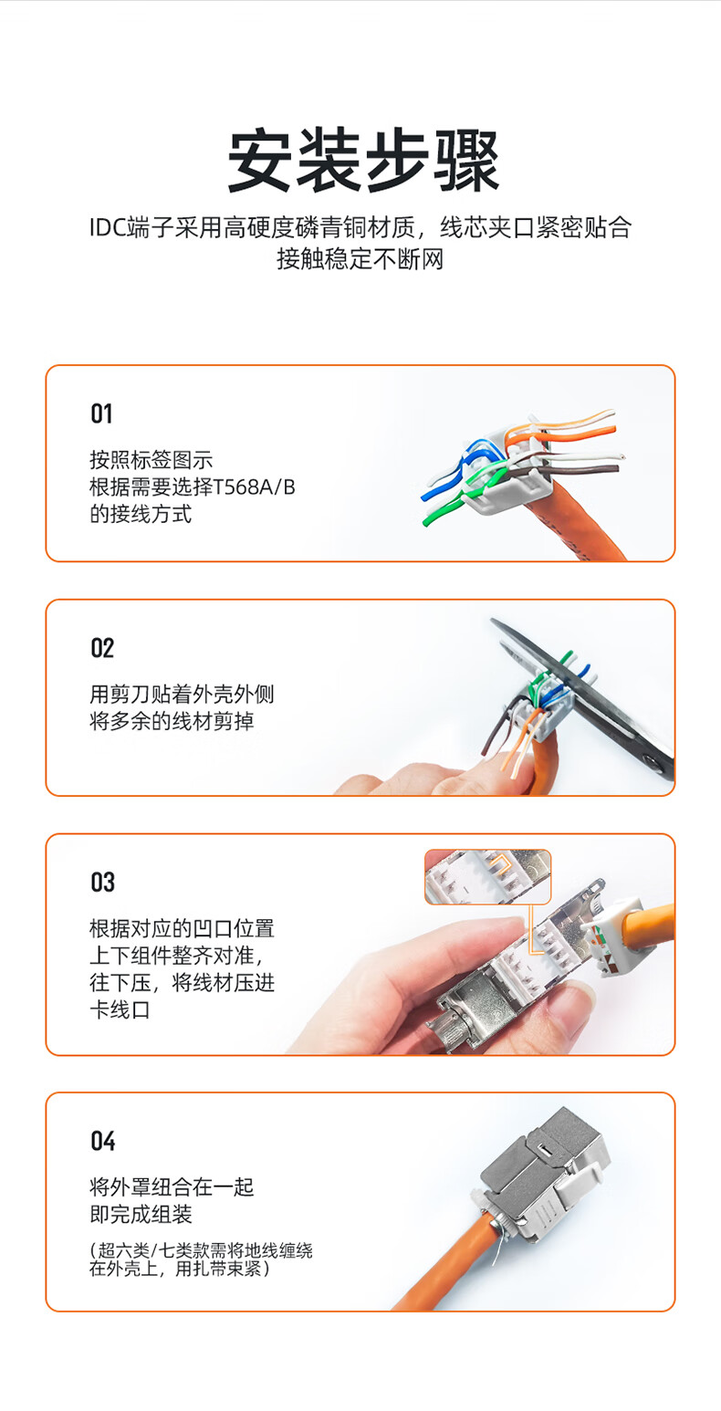 SAMZHE 山泽七类网络模块CAT7网线插座面板屏蔽免打模块RJ45水晶头母座网线连接头镀金加厚50uPMC7