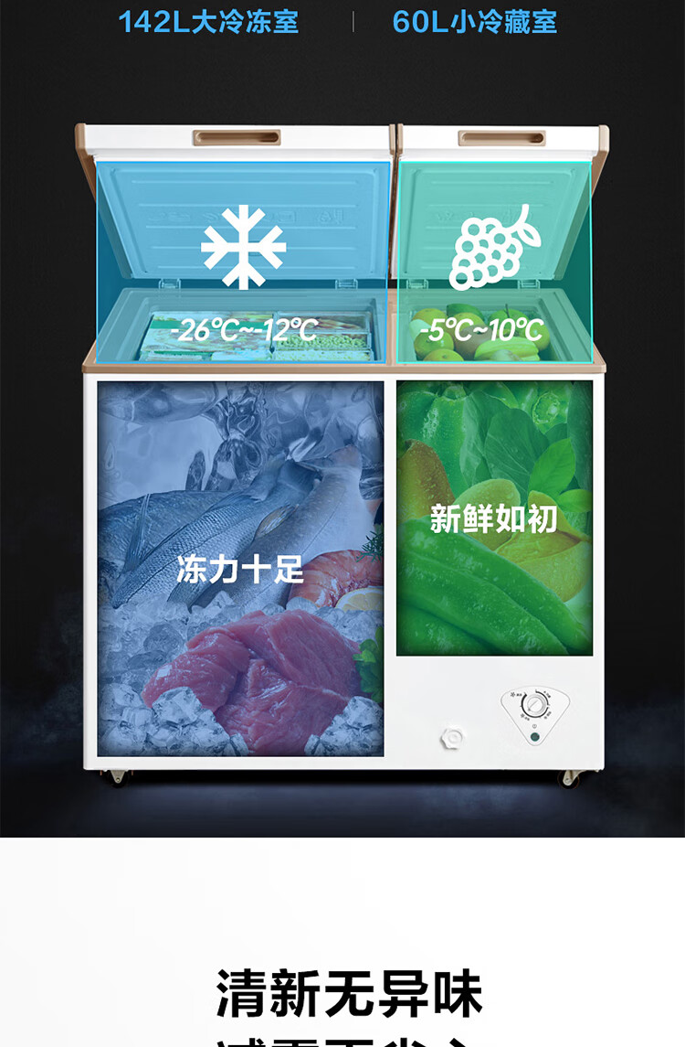 Midea202升 家用囤货冰柜 双顶开双温柜 一级能效 省电低音卧式冰箱BCD-202DKM(E)