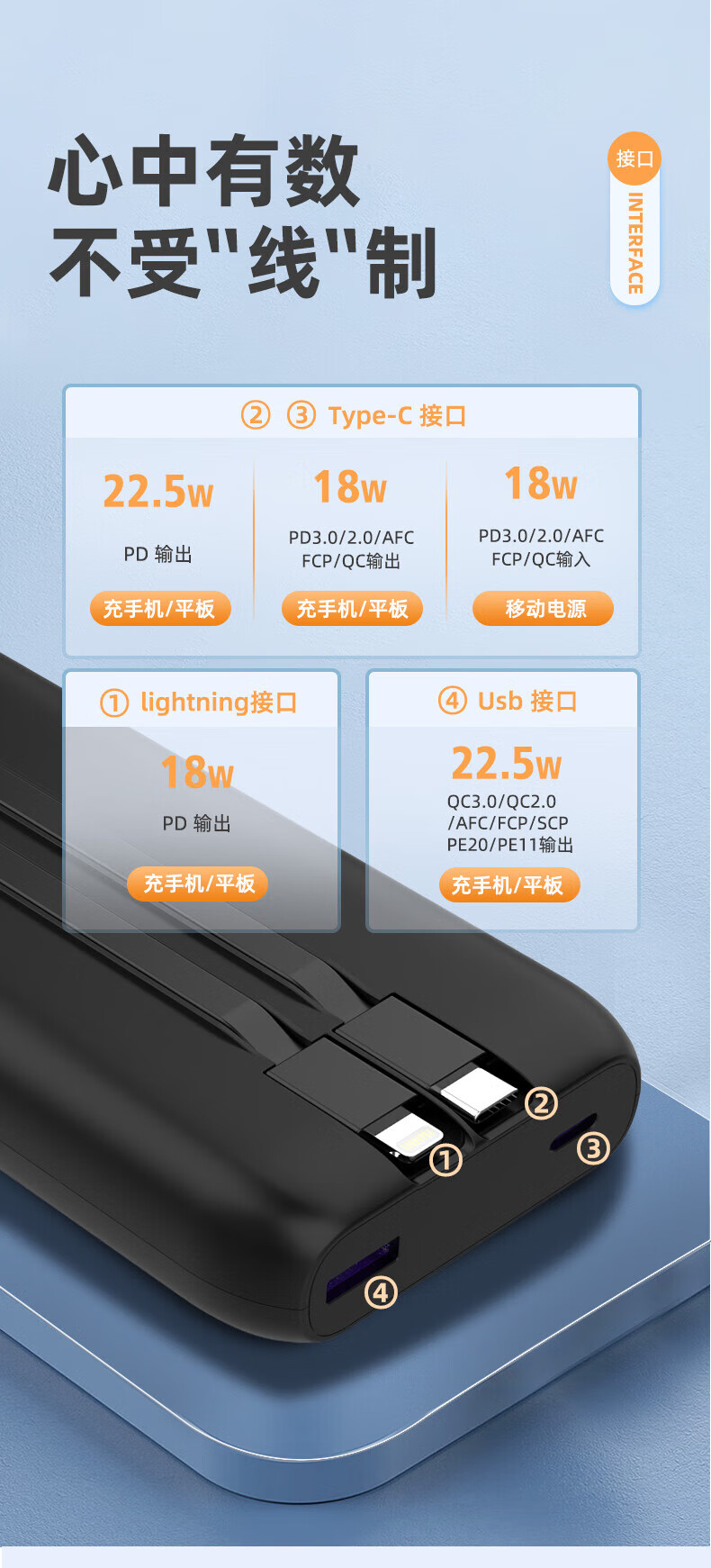 柔刻 充电宝20000毫安H20超薄小巧自带线迷你大容量移动电源便携苹果华为2万mAh手机 珍珠白