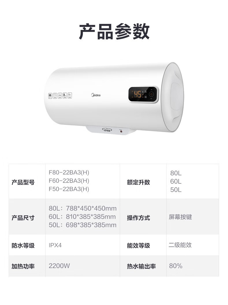 Midea美的电热水器 50升数显智能新省电数低耗保温 家用速热极地白 F50-22BA3(H)