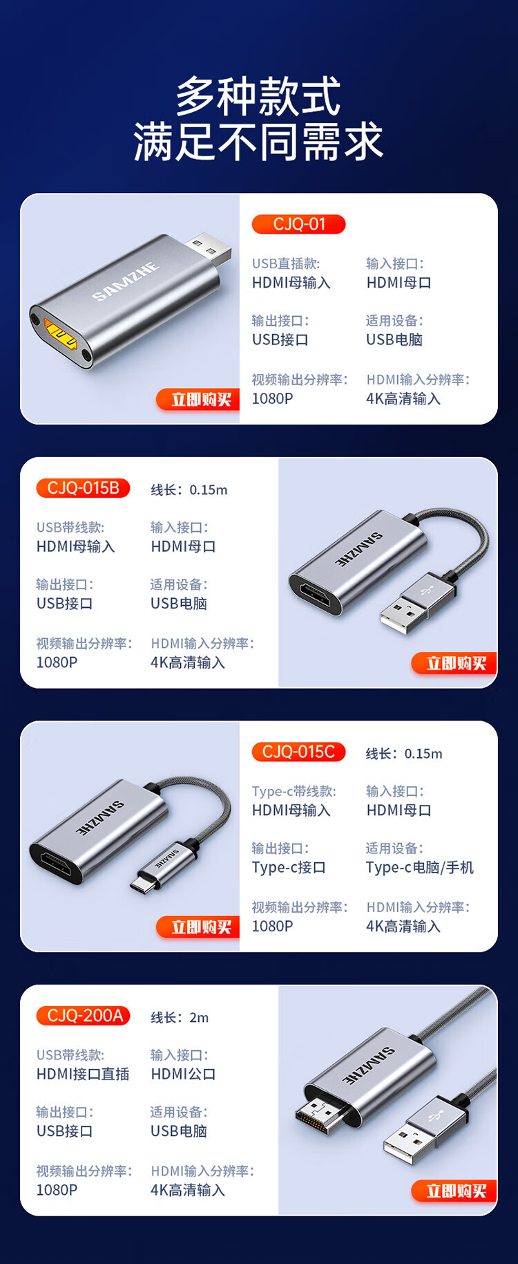 SAMZHE 山泽视频采集卡switch游戏HDMI母转USB采集器线笔记本手机直播0.15米铝合金尼龙编织CJQ-015B