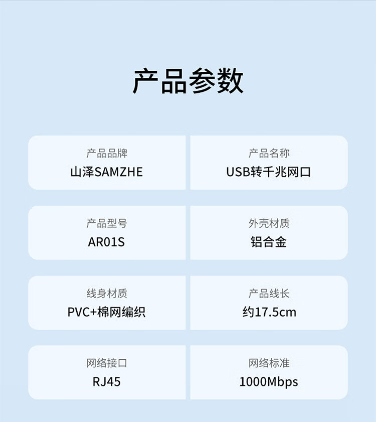 SAMZHE 山泽Type-C千兆有线网卡转RJ45网线接口转接头苹果华为笔记本小米盒子外置网口转接器CR01S