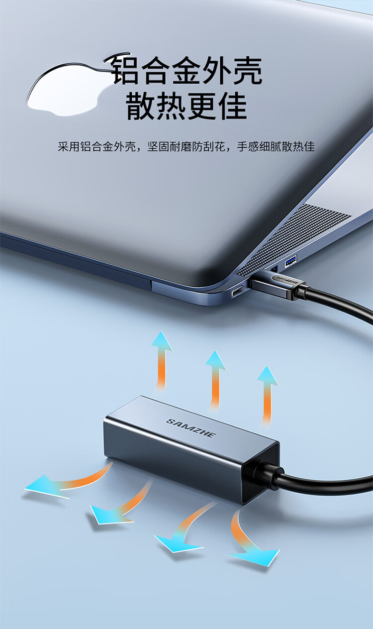 SAMZHE 山泽Type-c千兆有线网卡转RJ45网线接口转换器适用小米盒子微软接外置网口转接头铝合金HWK01