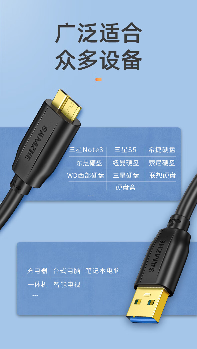 SAMZHE 山泽移动硬盘数据线MicroUSB3.0高速传输支持西数希捷东芝硬盘盒连接线1.5米UM-15