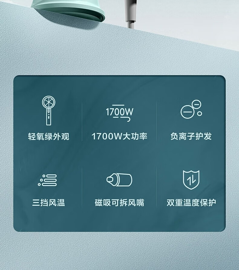 Midea电吹风 1700W 负离子护发 速干柔顺 可拆风嘴 三挡风温 MB-AJ0701