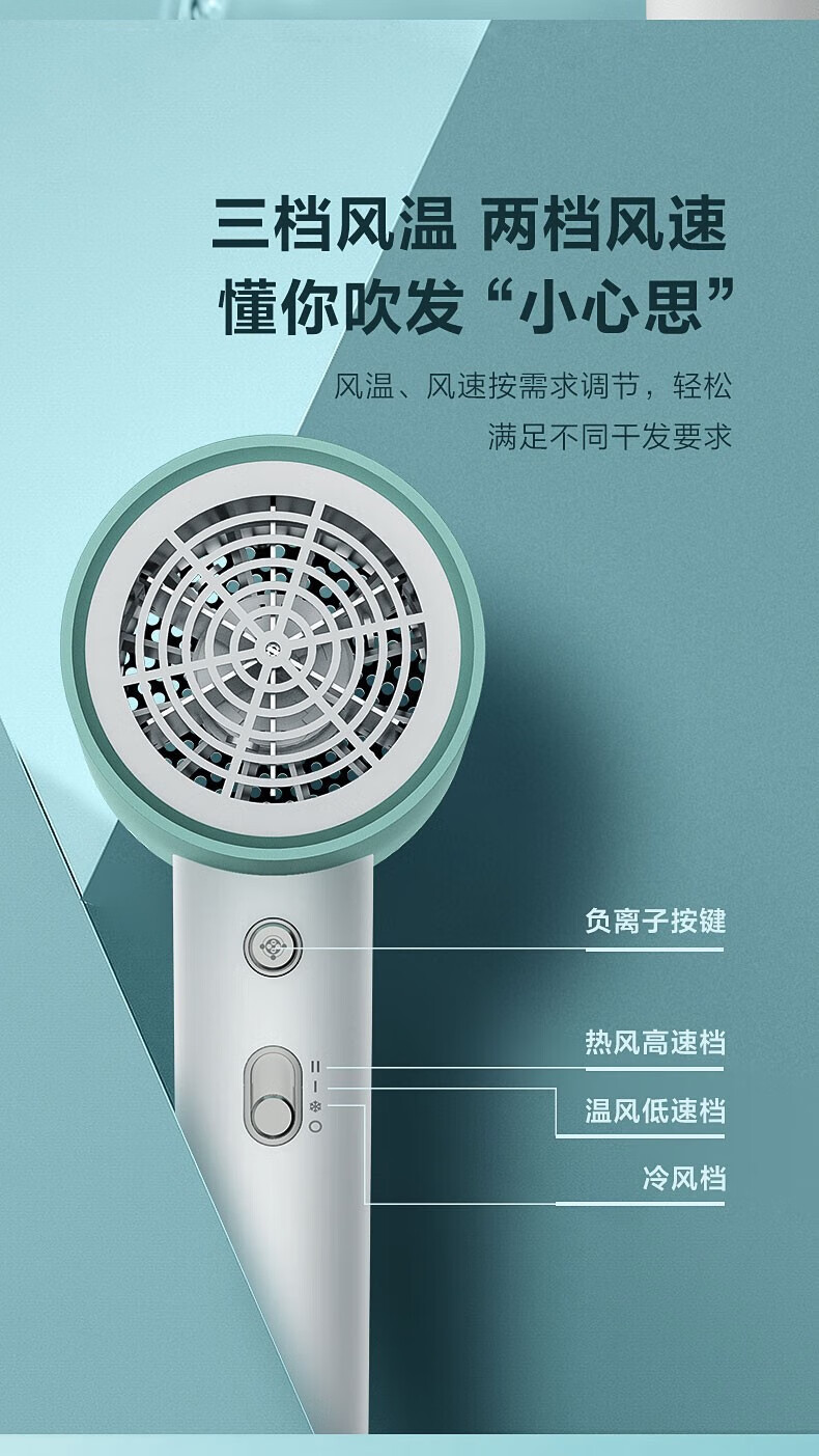 Midea电吹风 1700W 负离子护发 速干柔顺 可拆风嘴 三挡风温 MB-AJ0701