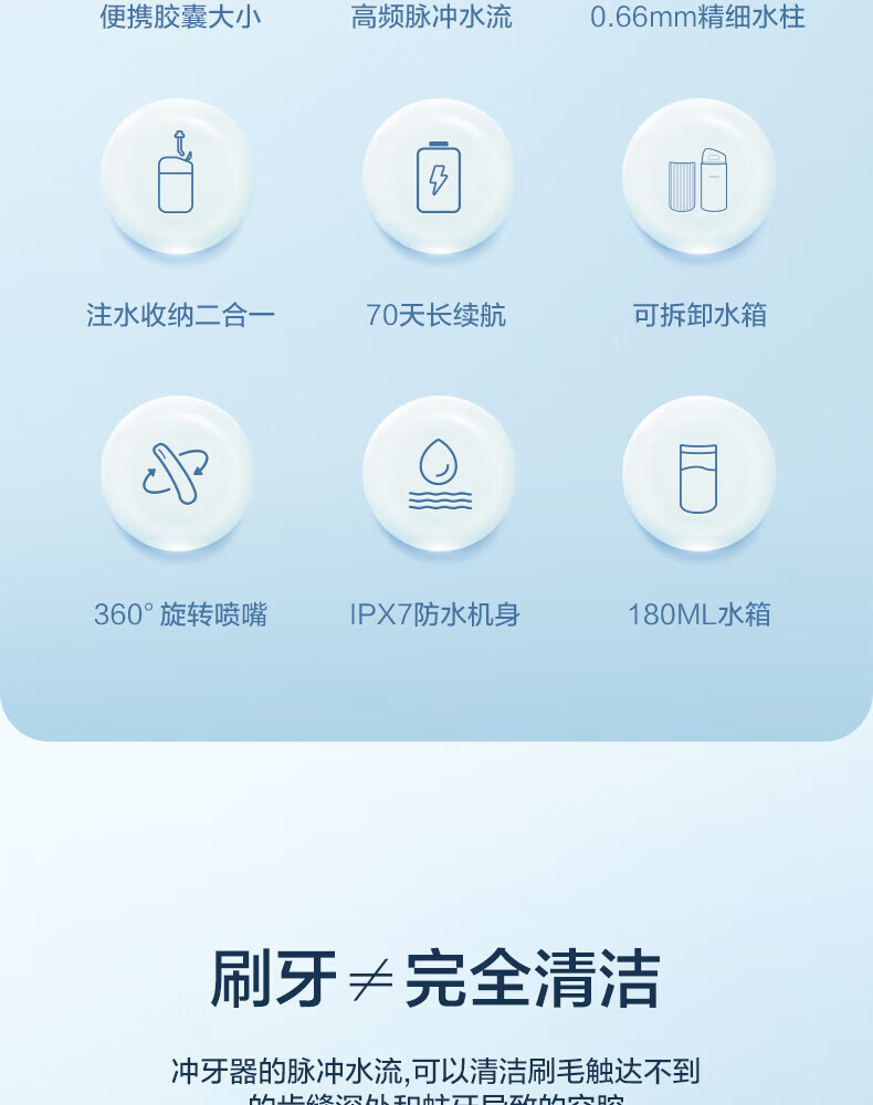 Midea冲牙器正畸洗牙器MINI二合一水牙线洁牙器便捷伸缩呵护牙龈70天长续航+3个喷嘴海盐蓝MC-BL0203