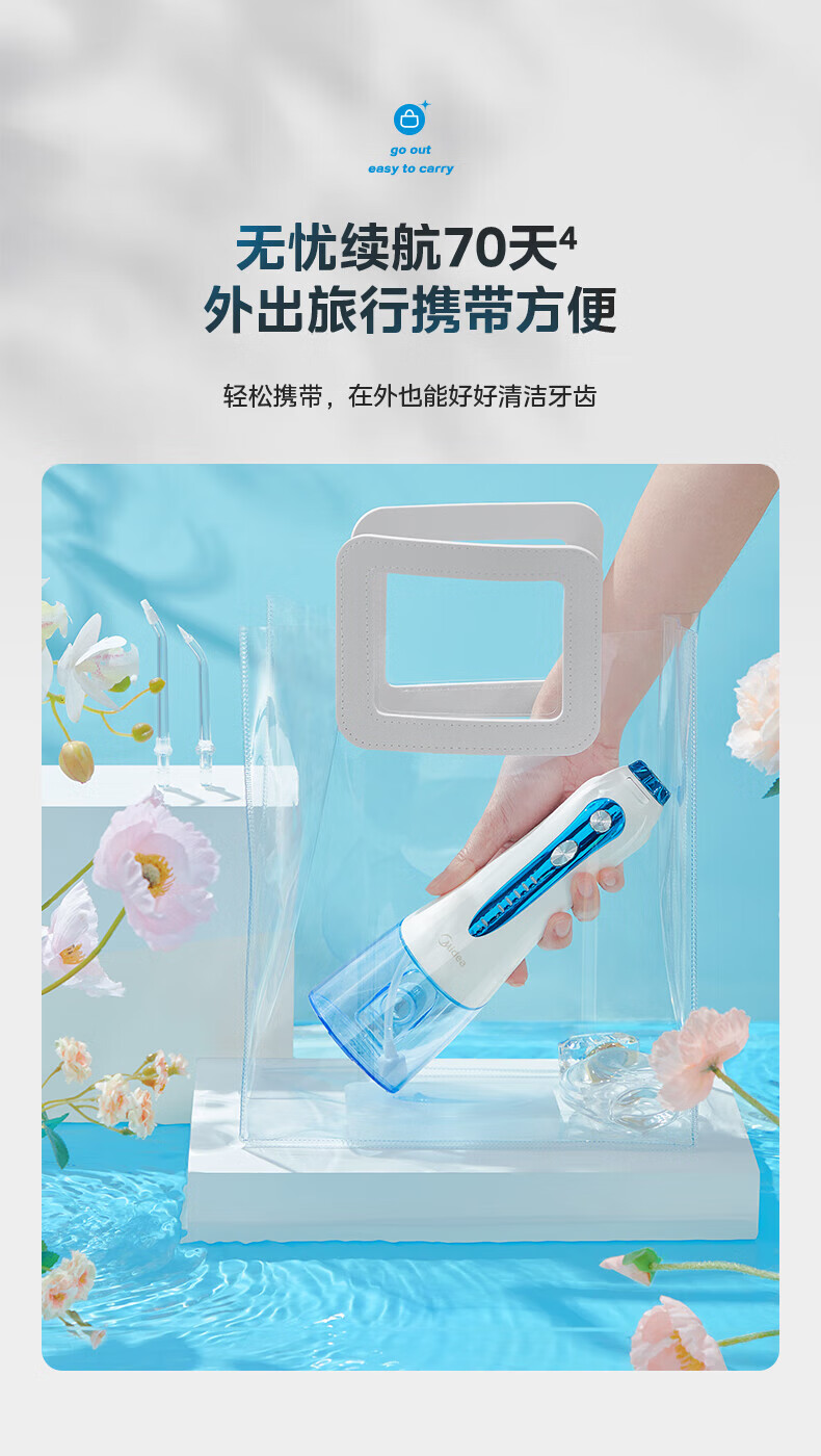 Midea冲牙器洗牙器水牙线预防牙结石家用便携正畸适用 小蓝鲸-蓝 礼物 MC-BJ0102
