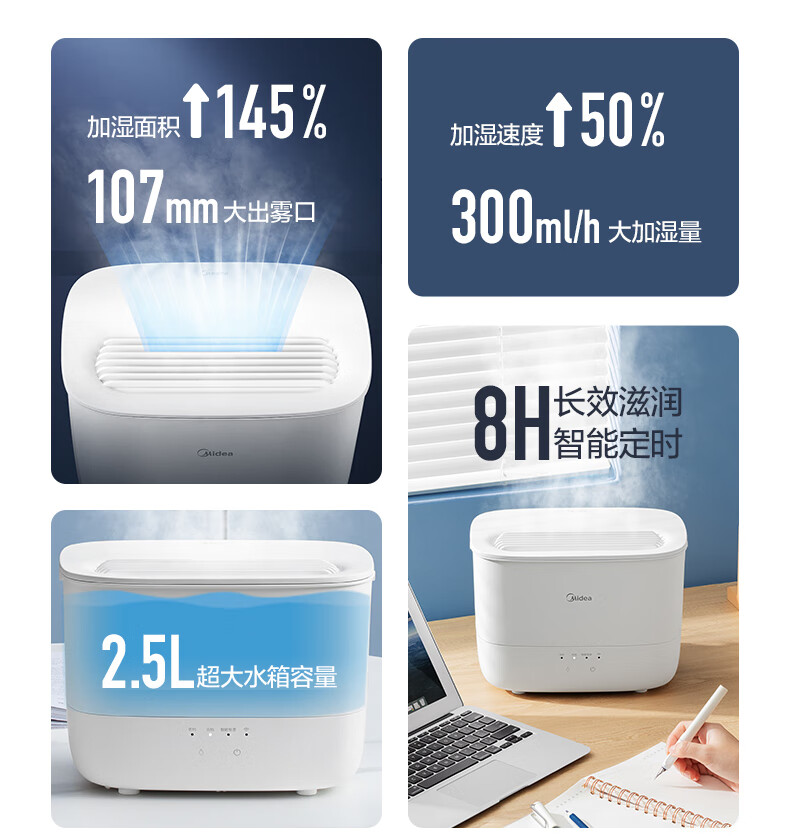 Midea智能生态 空气加湿器卧室家用办公室桌面 大雾量婴儿低噪补水智能WIFI SCK-3S25W