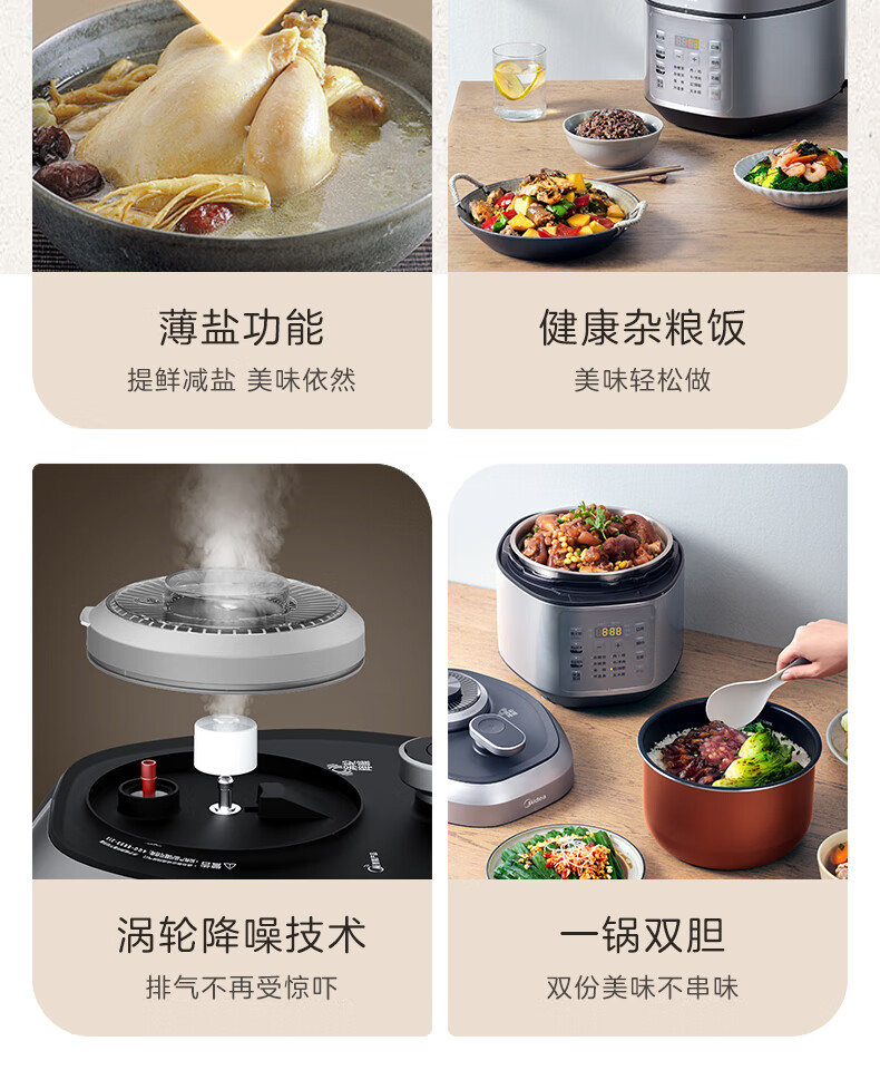 美的（Midea）电压力锅6L不锈钢不粘轻音排气双胆无线智控涡轮防溢 家用汤粥饭开盖煮MY-EYL6040