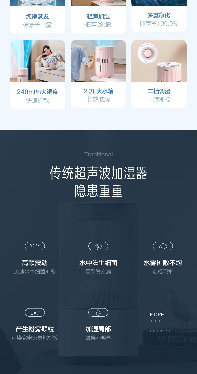Midea暖阳系列无雾加湿器卧室家用办公室桌面空气加湿防霉杀菌纯净冷蒸发式母婴适用粉色SZ-1E25