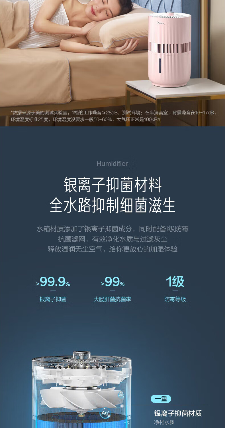 Midea暖阳系列无雾加湿器卧室家用办公室桌面空气加湿防霉杀菌纯净冷蒸发式母婴适用粉色SZ-1E25
