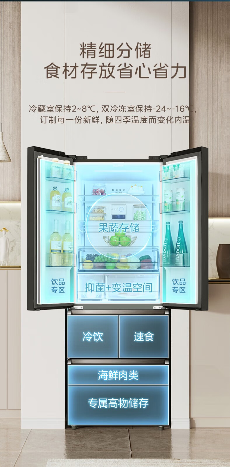 美的（Midea）437升法式多门冰箱 19分钟急速净味除菌 风冷无霜电脑控温一级能效 玻璃面板 BCD-437WFGPZM(E)